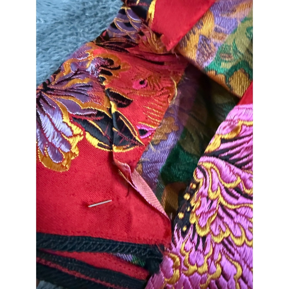 VTG Red Chinese Brocade Phoenix Dragon Maxi Robe Duster Mandarin Collar Velvet - Picture 8 of 8